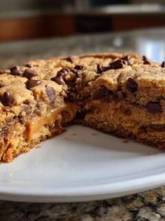 A slice of giant Peanut Butter Cookie Cake with a gooey caramel filling and chocolate chips.