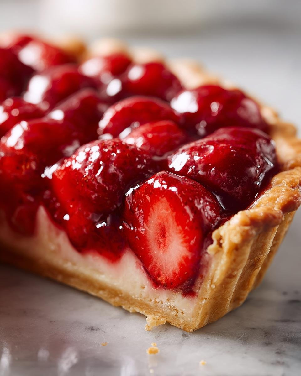 A close-up, side view of a slice of fresh Strawberry Pie showing the flaky crust, creamy filling, and glossy glazed strawberries.