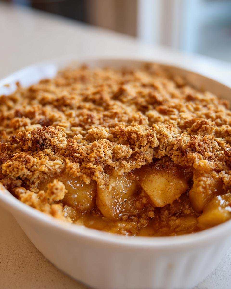 Close-up of warm, bubbling Apple Crisp showing tender cooked apples beneath a thick, crunchy oat topping in a white baking dish.