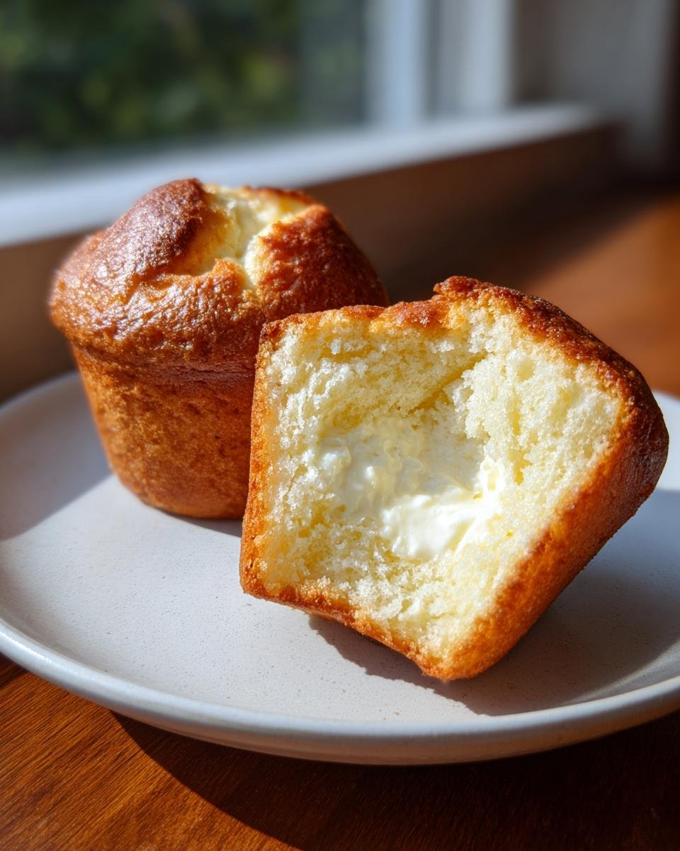 Two golden-brown Cream Cheese Muffins, one cut open to show the rich, creamy center filling.