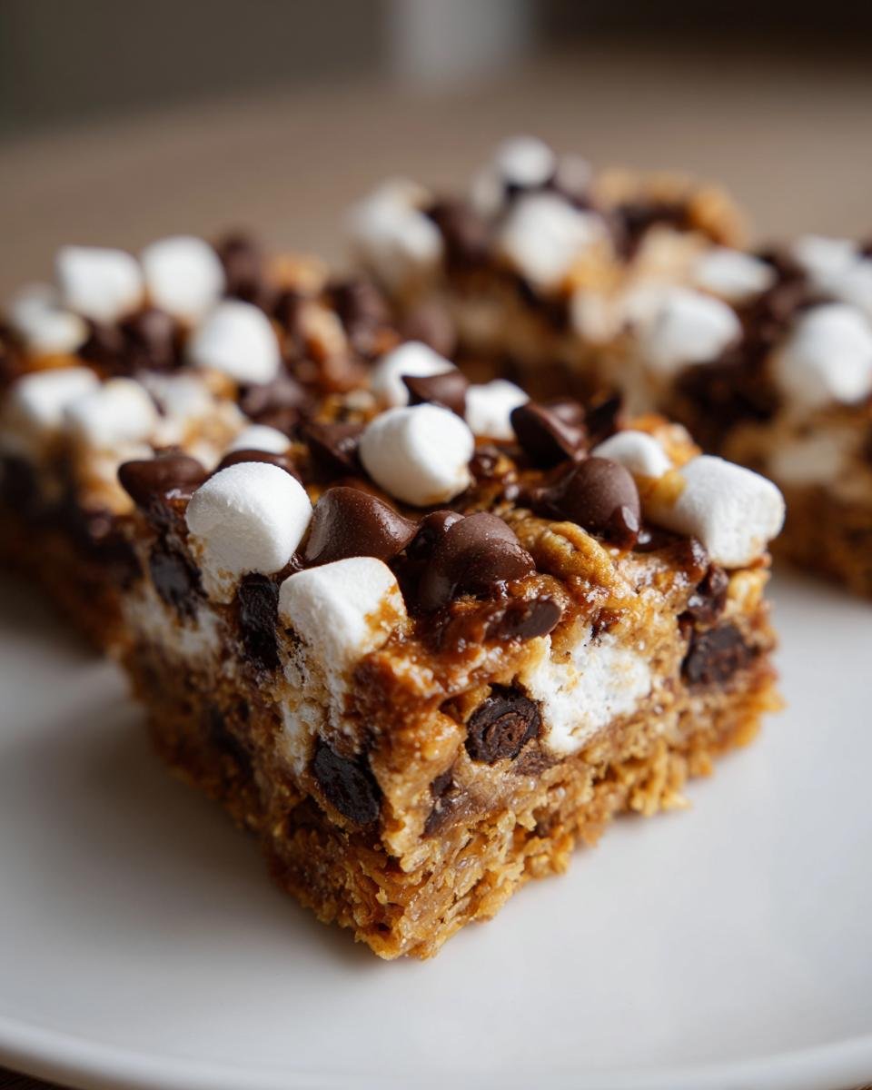 A close-up of a rich, gooey Golden Grahams Smores Bars square topped with mini marshmallows and chocolate chips.