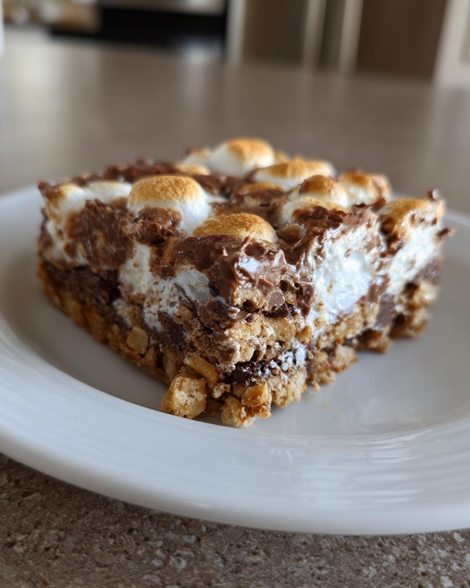 A single serving of gooey Golden Grahams Smores Bars topped with toasted marshmallows.