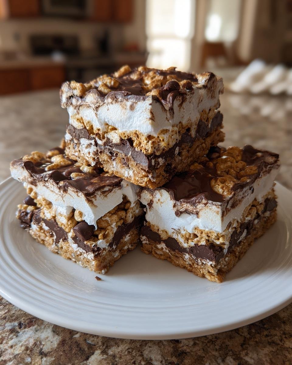 Three stacked Golden Grahams Smores Bars featuring layers of cereal, chocolate, marshmallow, and chocolate topping.
