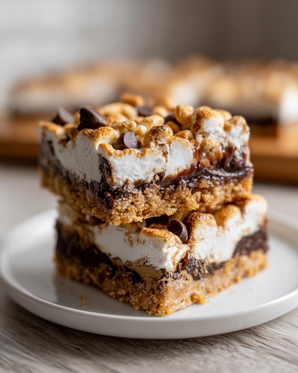 Two stacked Golden Grahams Smores Bars featuring a thick crust, chocolate layer, and toasted marshmallow topping with chocolate chips.
