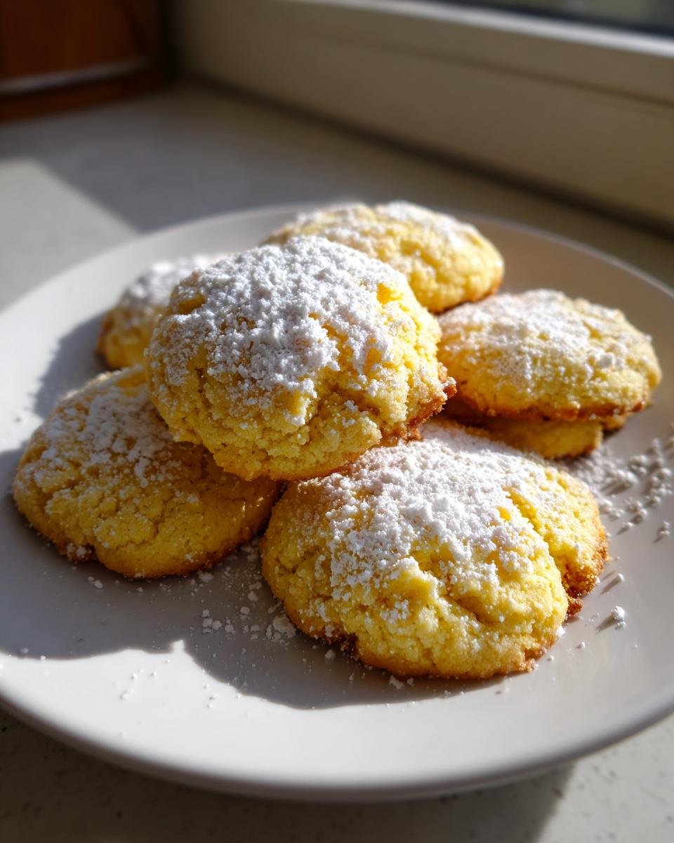 A stack of golden, crinkled Maple Cookies generously dusted with white powdered sugar on a white plate.