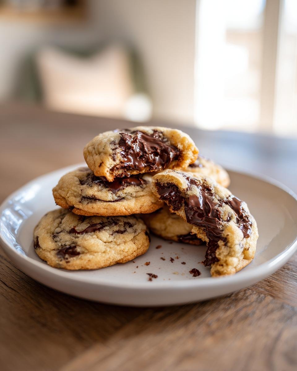 A stack of soft Christmas Chocolate Chip Cookies with melted, gooey centers on a white plate.