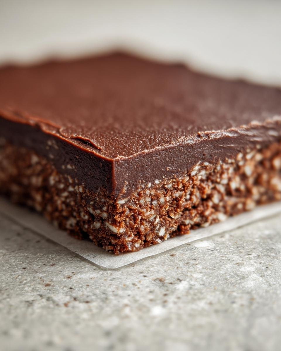 A close-up, macro shot of a single square of Hedgehog Slice showing the textured base and smooth chocolate topping.