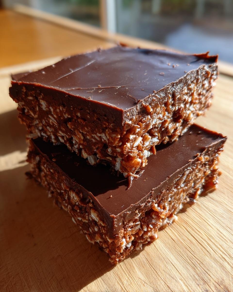Two stacked squares of rich, chocolate-topped Hedgehog Slice showing the textured base.