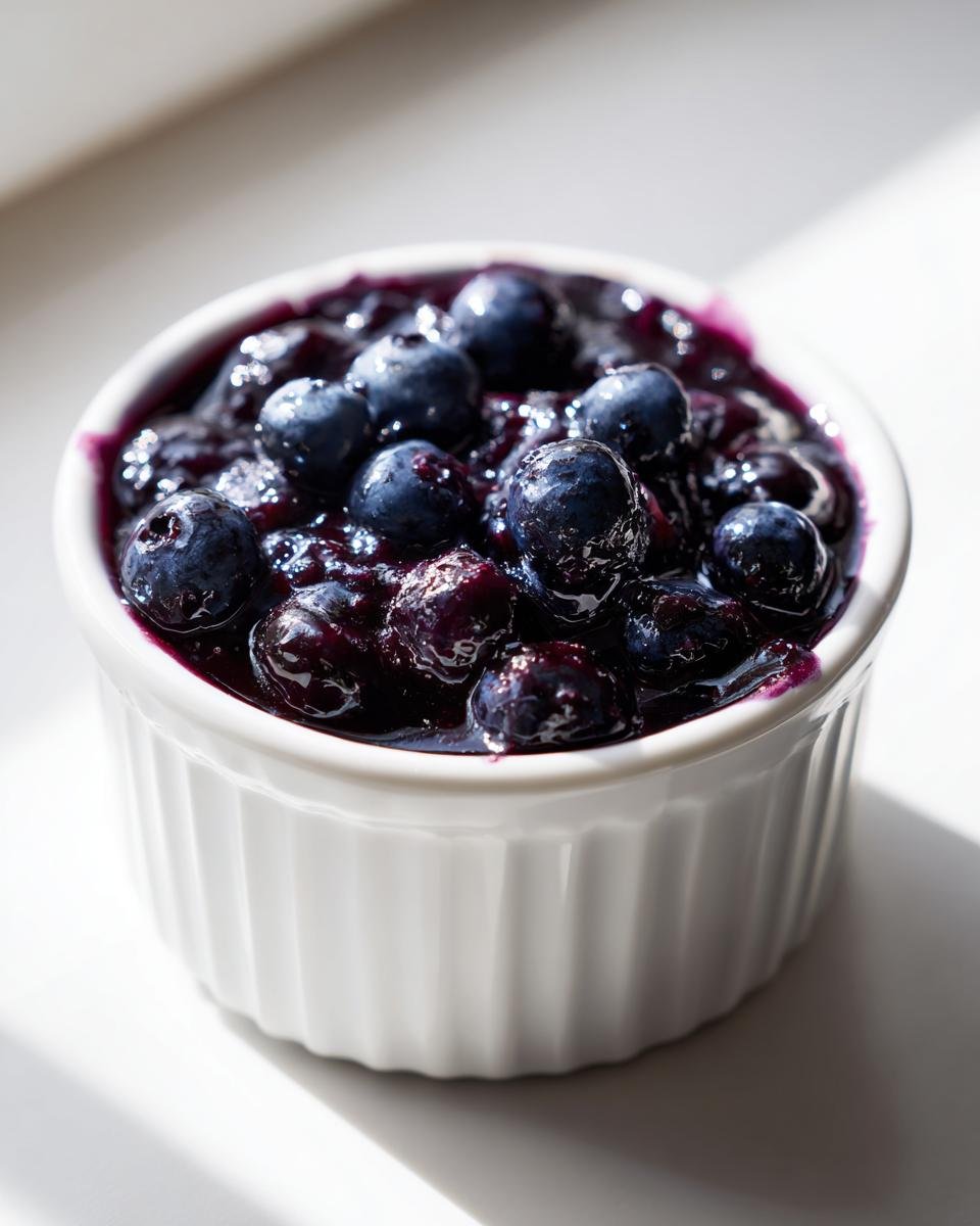 A small white ramekin filled with rich, dark homemade Blueberry Sauce topped with whole, plump blueberries.