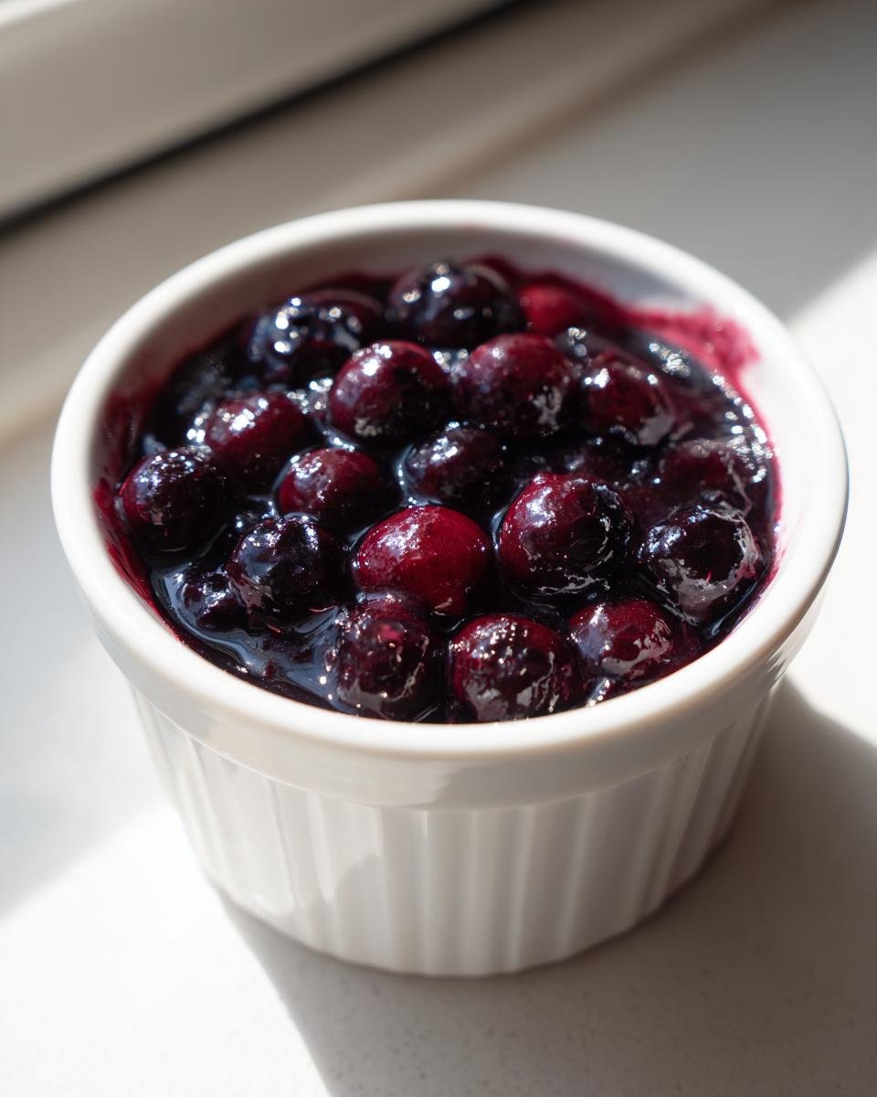 Close-up of rich, glossy homemade Blueberry Sauce served in a small white fluted ramekin.