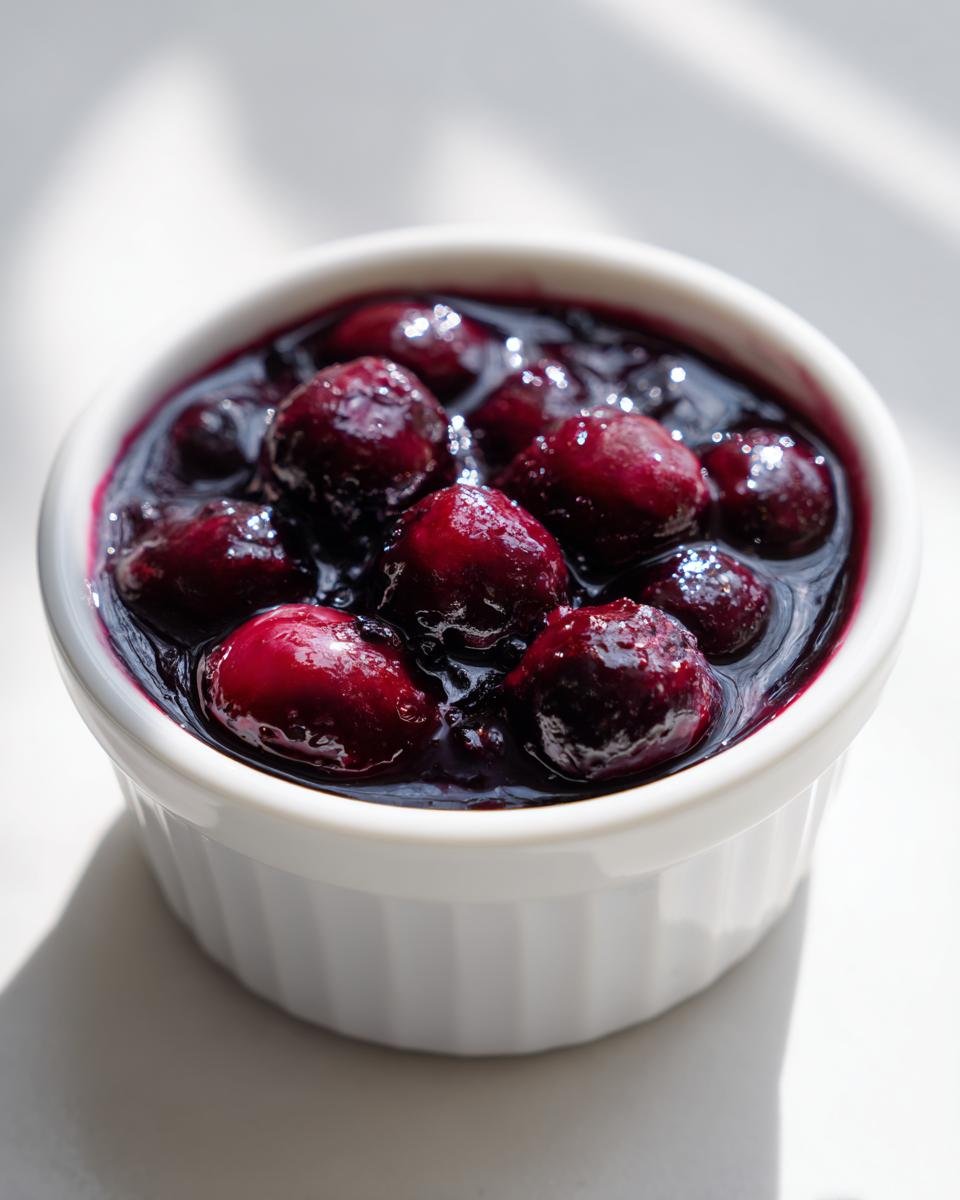 Close-up of whole blueberries simmered in a rich, dark liquid, served as Blueberry Sauce in a small white ramekin.