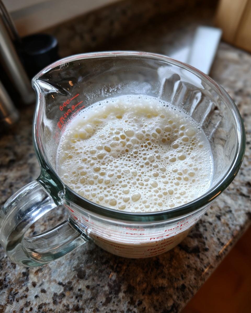 Close-up of a glass measuring cup filled with a foamy, bubbly liquid, a homemade buttermilk substitution.