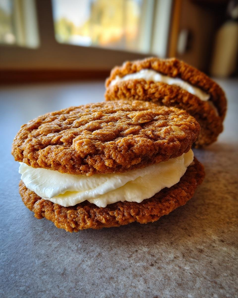 Close-up of two delicious Homemade Oatmeal Cream Pies with a thick, creamy white filling sandwiched between two oatmeal cookies.