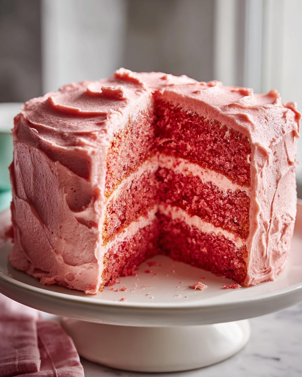 A moist, three-layer Homemade Strawberry Cake with a slice removed, showing bright pink layers and white filling, covered in pink frosting.