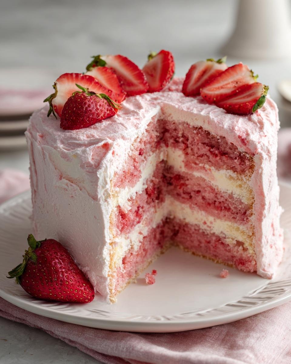 A slice cut out of a layered Homemade Strawberry Cake, showing pink cake layers and white frosting, topped with fresh strawberries.