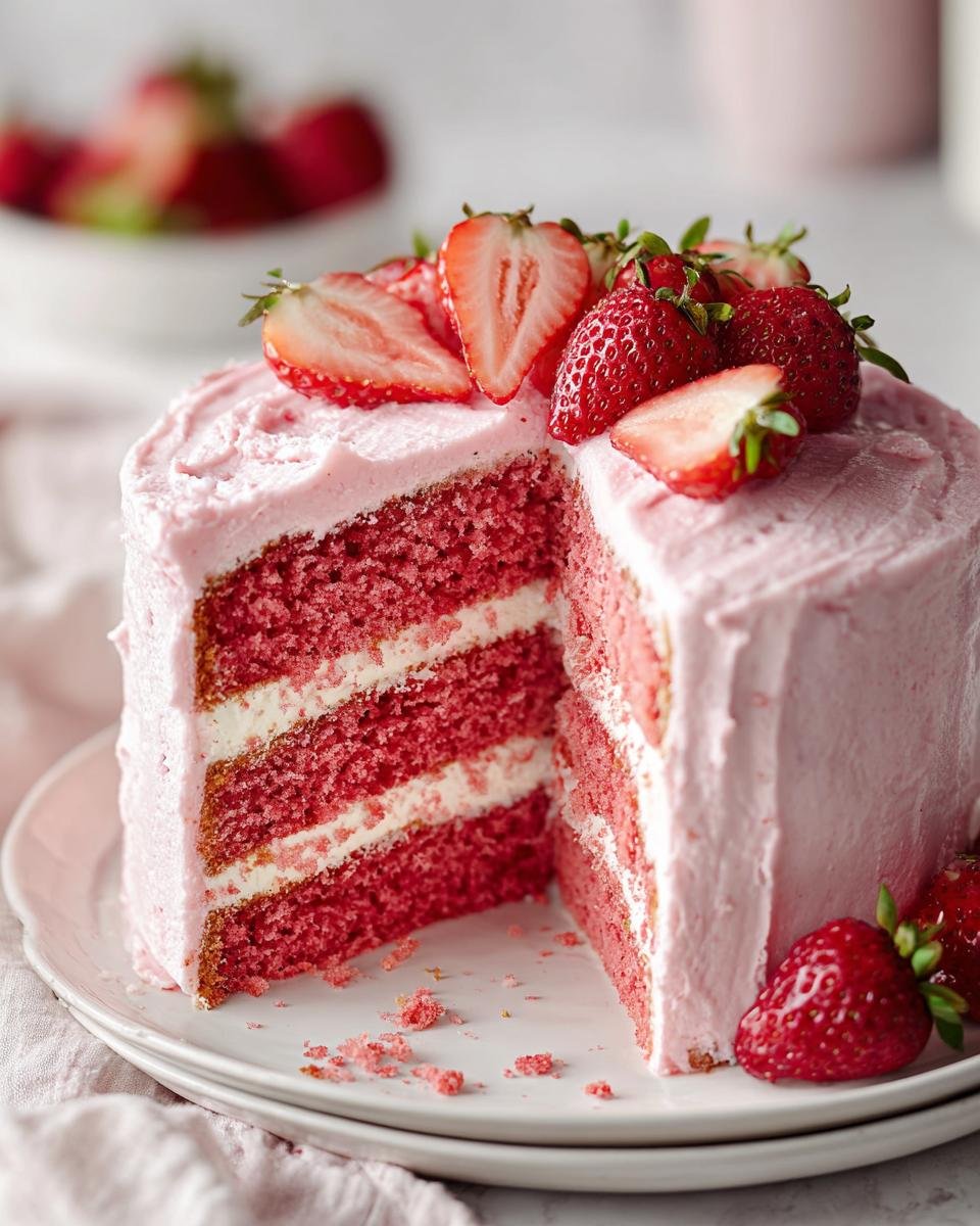 A slice removed from a Homemade Strawberry Cake showing three layers of pink cake and white filling, topped with fresh strawberries.