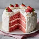 A tall, three-layer Homemade Strawberry Cake with white frosting and fresh strawberries on top, showing a slice removed.