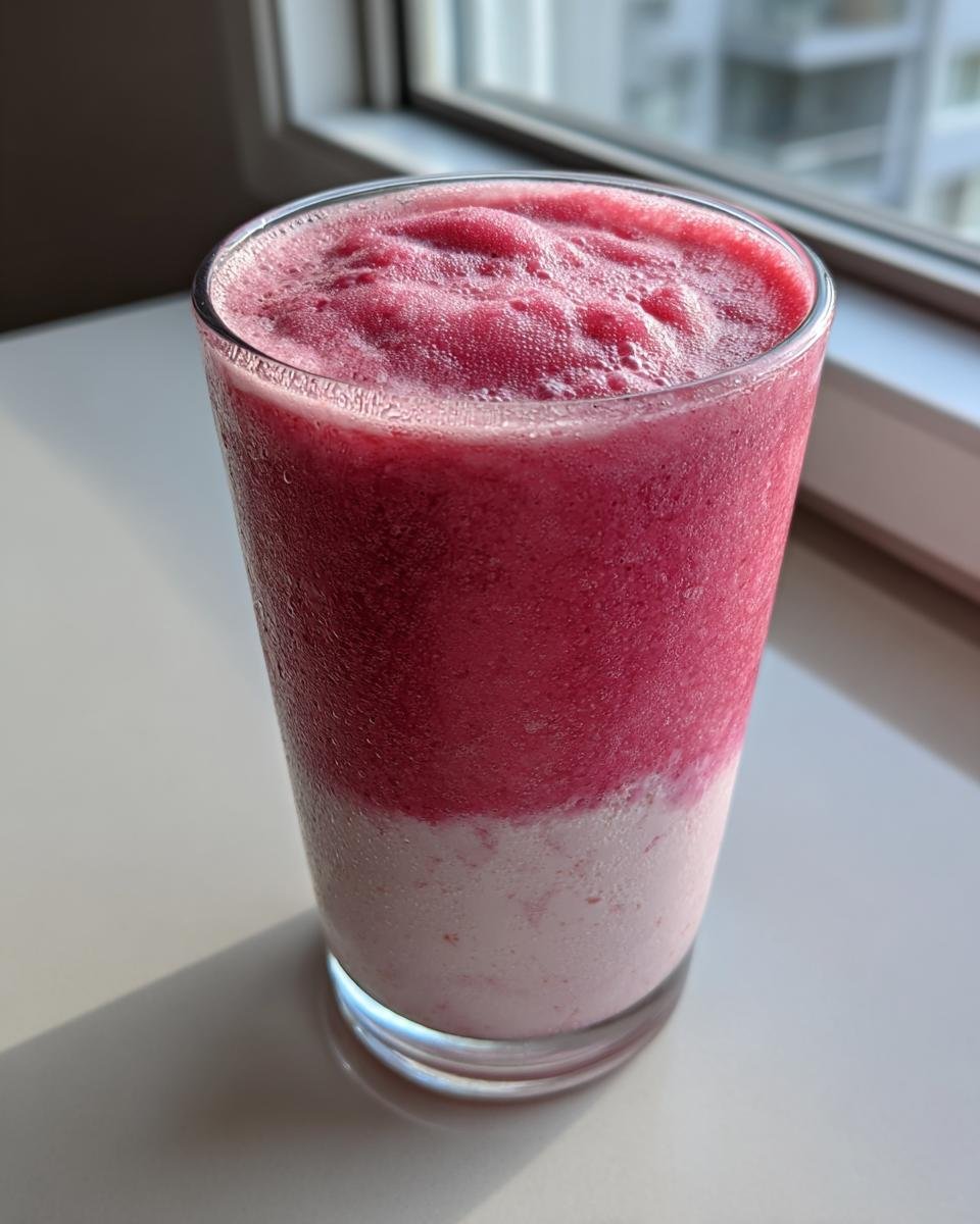 A tall glass showing a layered Strawberry Banana Smoothie with a bright pink top layer and a lighter pink bottom layer.