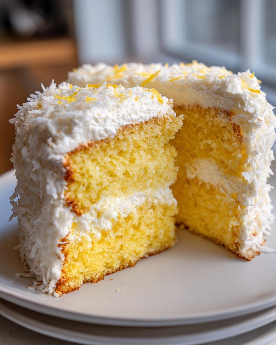 A close-up of a slice of moist Lemon Cake With Coconut Frosting, showing yellow layers and white frosting.