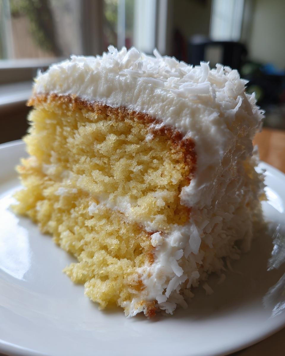 A close-up slice of moist yellow Lemon Cake With Coconut Frosting, topped with shredded coconut.