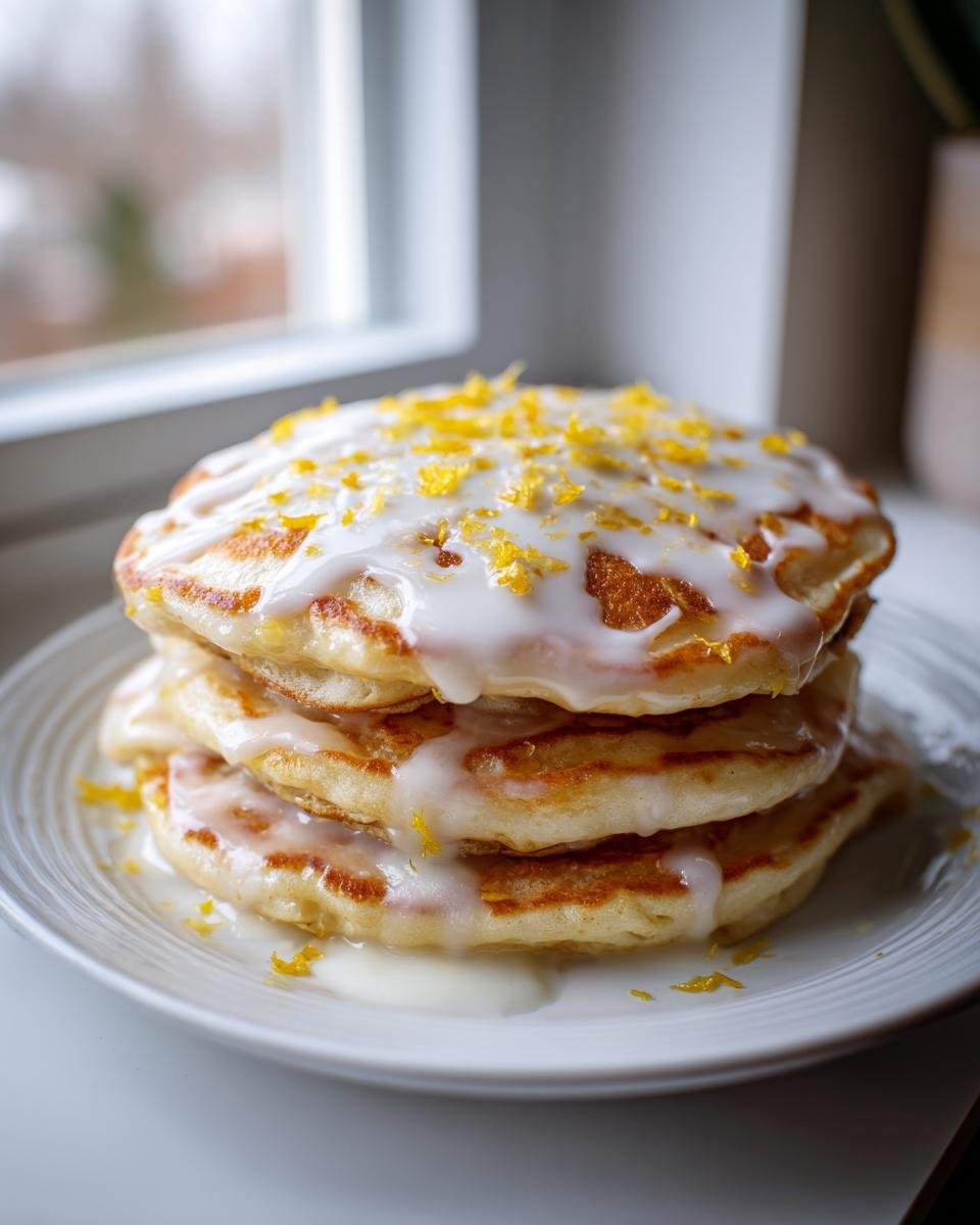 A tall stack of fluffy Lemon Pancakes drizzled with white glaze and topped with bright yellow lemon zest.