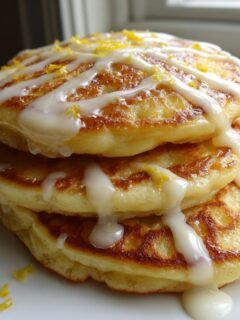 A close-up of a stack of three fluffy Lemon Pancakes drizzled with white glaze and topped with bright yellow lemon zest.