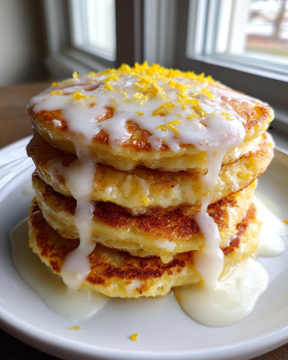 A tall stack of fluffy Lemon Pancakes drizzled with white glaze and topped with bright yellow lemon zest.