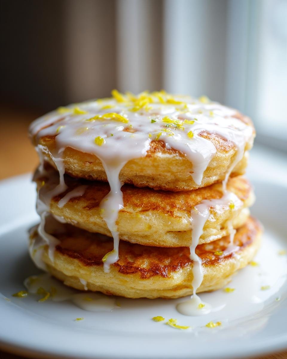 A tall stack of three golden Lemon Pancakes drizzled with white glaze and topped with bright yellow lemon zest.