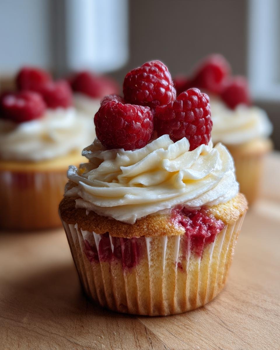 Close-up of a delicious Lemon Raspberry Cupcake topped with creamy frosting and fresh raspberries.