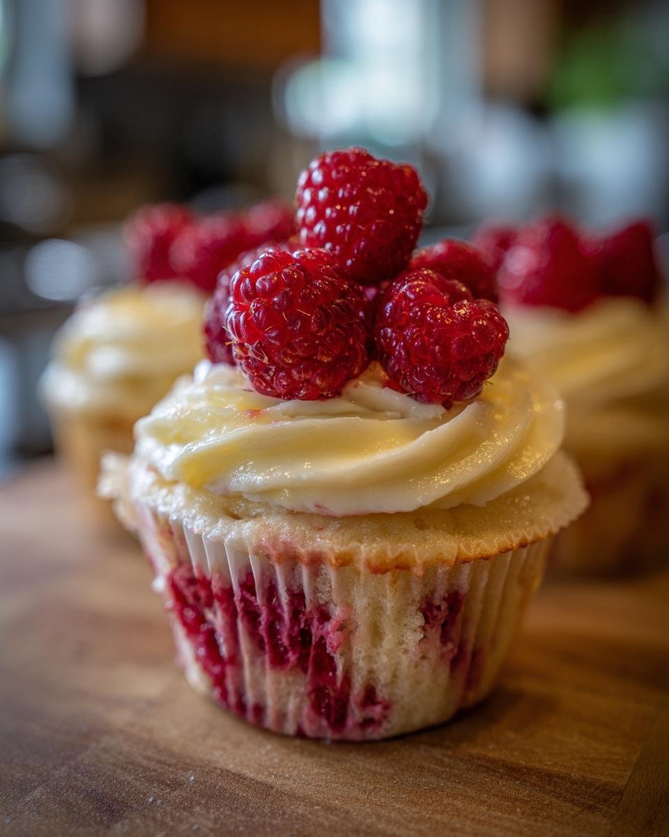 Close-up of a delicious Lemon Raspberry Cupcake topped with swirls of frosting and fresh raspberries.