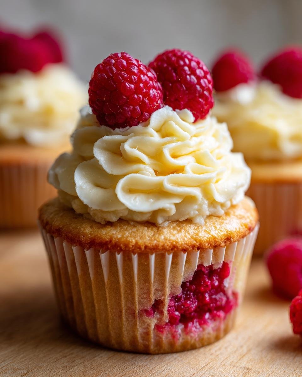 Close-up of a delicious Lemon Raspberry Cupcake topped with creamy frosting and fresh raspberries.