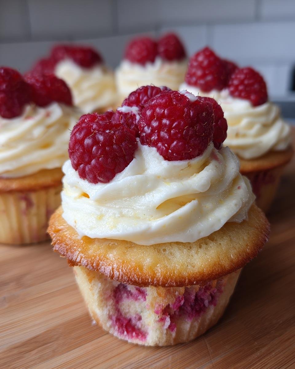 Close-up of a delicious Lemon Raspberry Cupcake topped with creamy frosting and fresh raspberries.