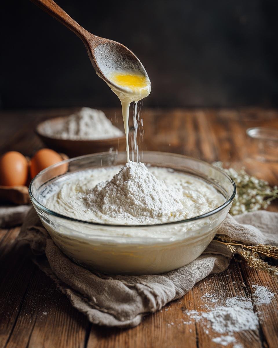 A wooden spoon pouring liquid into a bowl of flour, illustrating a step in how to make buttermilk substitutions.