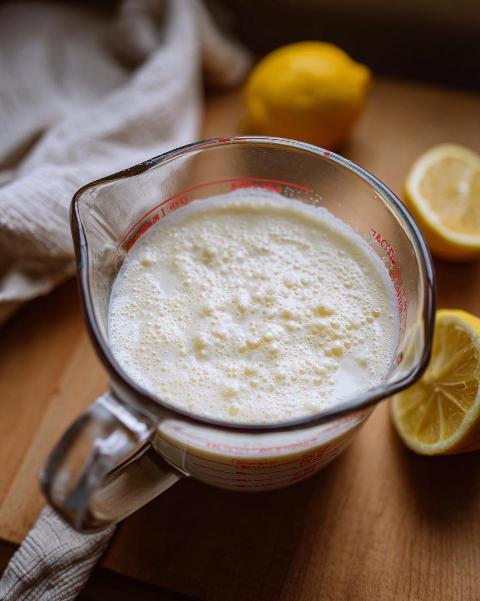 A glass measuring cup filled with frothy milk and lemon slices, used to make buttermilk substitutions.