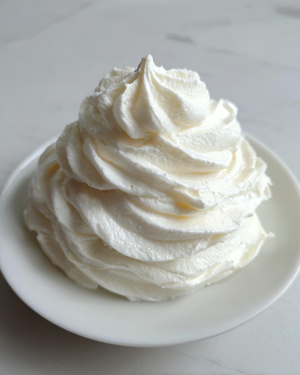 A beautiful swirl of fluffy white frosting, perfect for cakes and cupcakes, made with our easy recipe.
