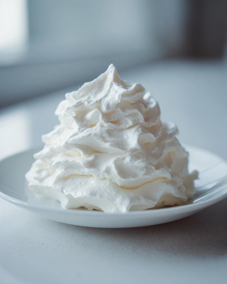 A generous swirl of fluffy white frosting, perfect for any dessert, showcasing how to make white frosting.