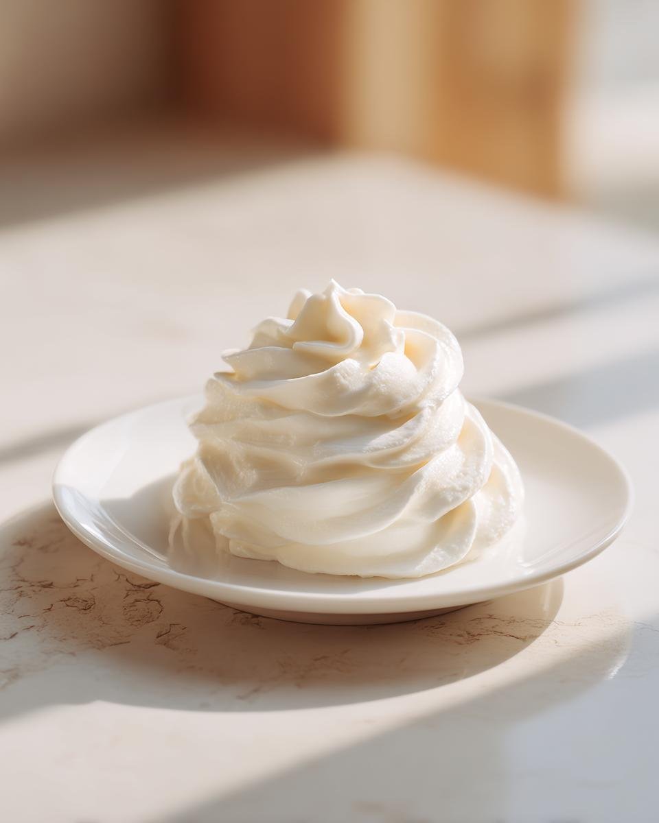 A perfectly piped swirl of white frosting on a small white plate, ready to make desserts.