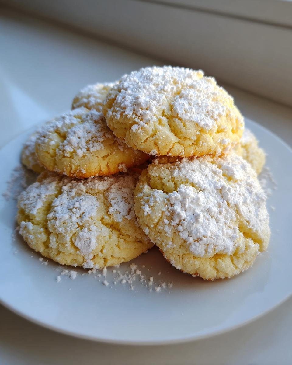 A stack of soft, crinkly Maple Cookies generously dusted with white powdered sugar on a white plate.
