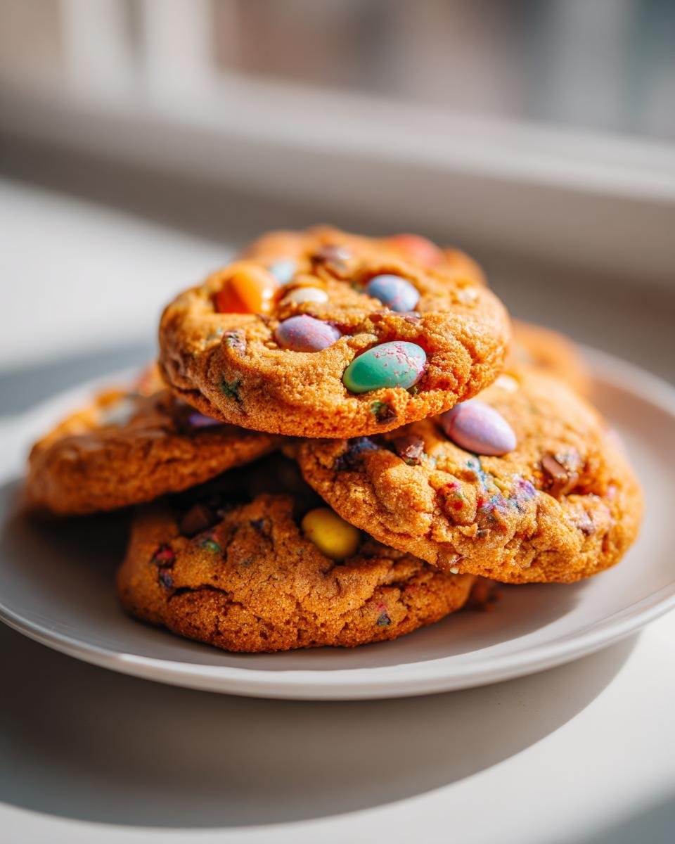 A close-up stack of four golden-brown Mini Egg Cookies studded with colorful pastel chocolate candies.