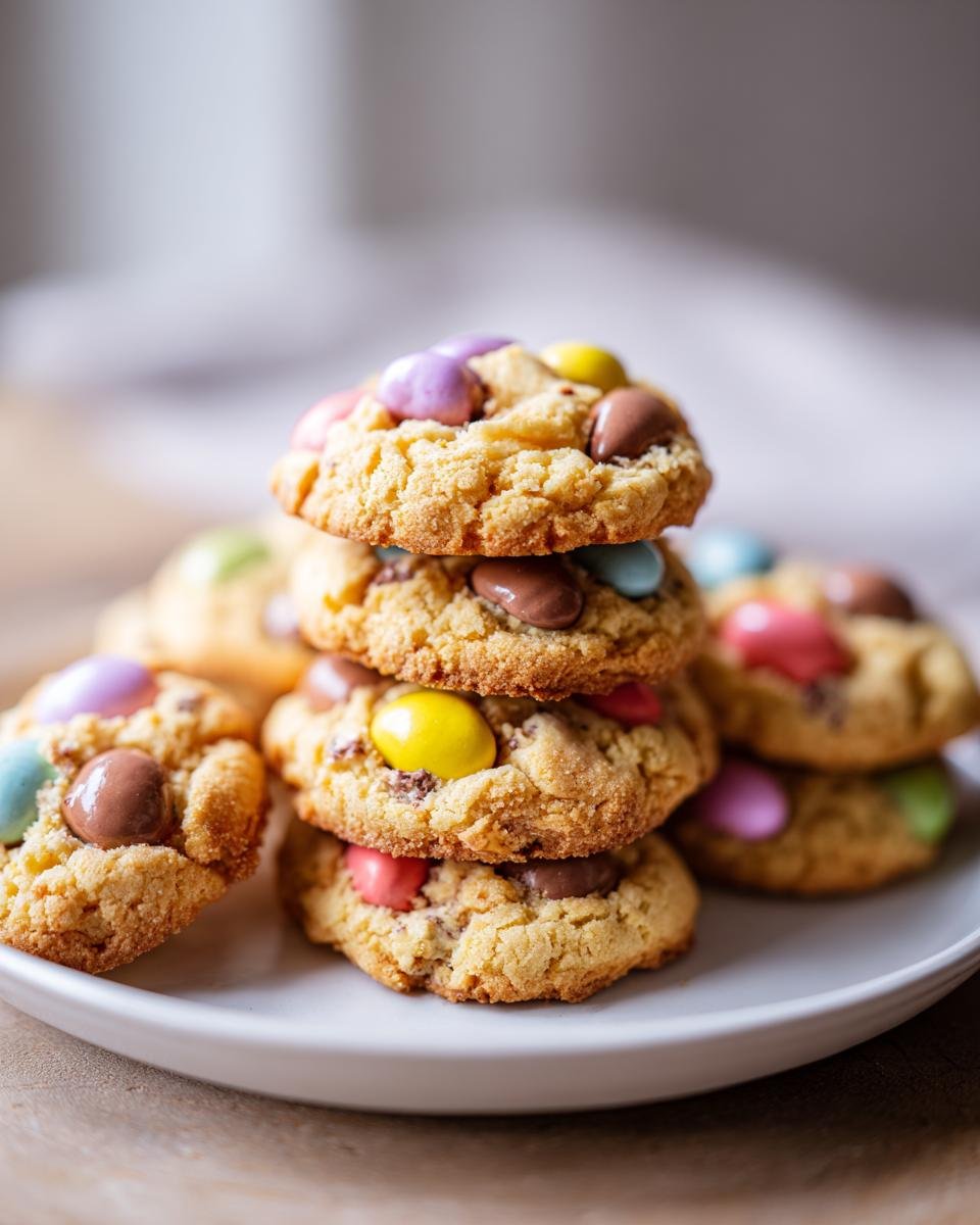 A close-up stack of freshly baked Mini Egg Cookies, featuring colorful candy-coated chocolate pieces.