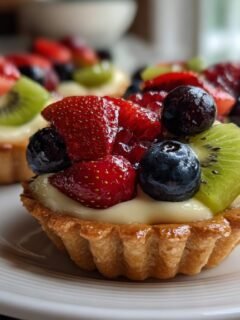 Close-up of a delicious Mini Fruit Tart topped with fresh strawberries, blueberries, and kiwi slices over pastry cream.
