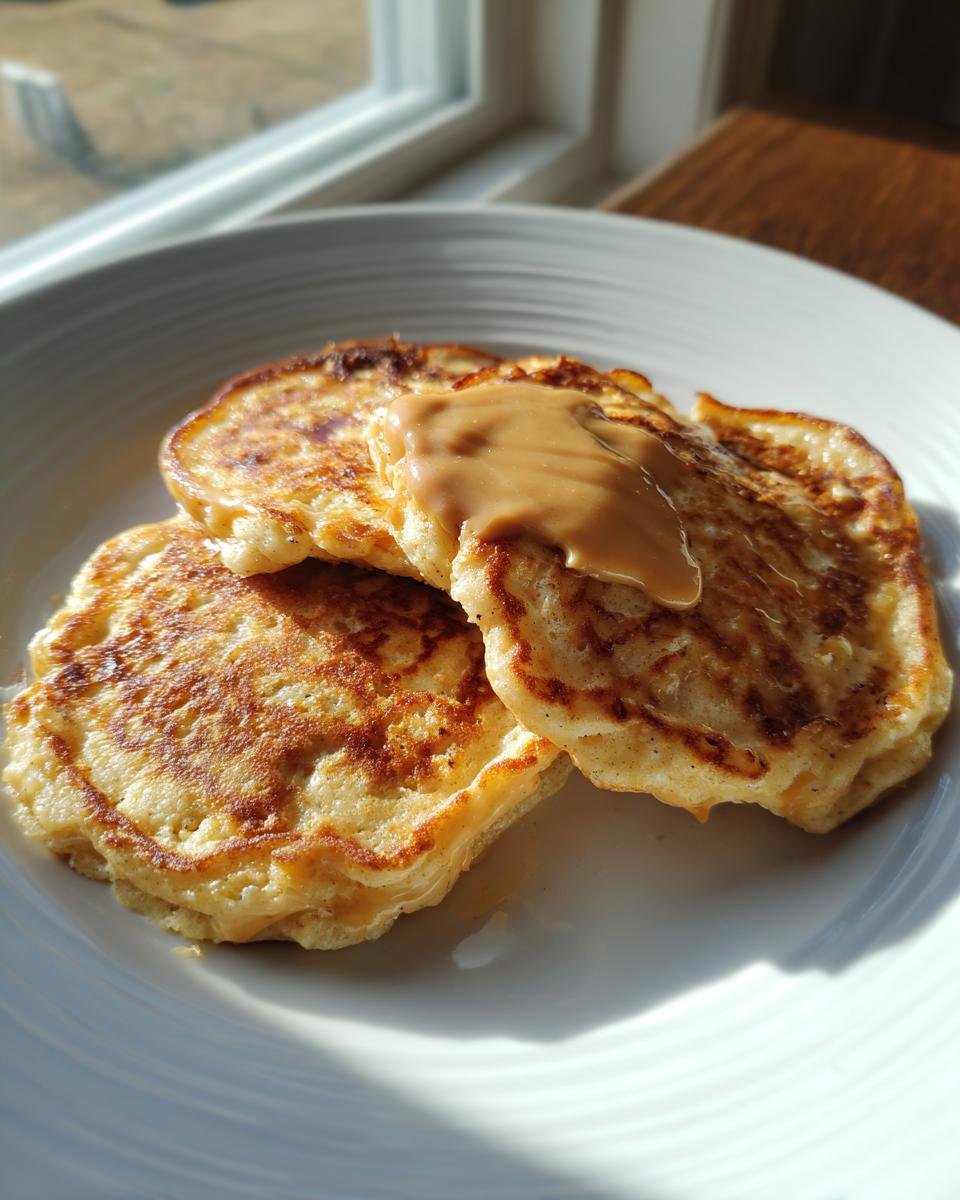 Three golden brown Minute Peanut Butter Banana Pancakes stacked on a white plate, topped with melted peanut butter.
