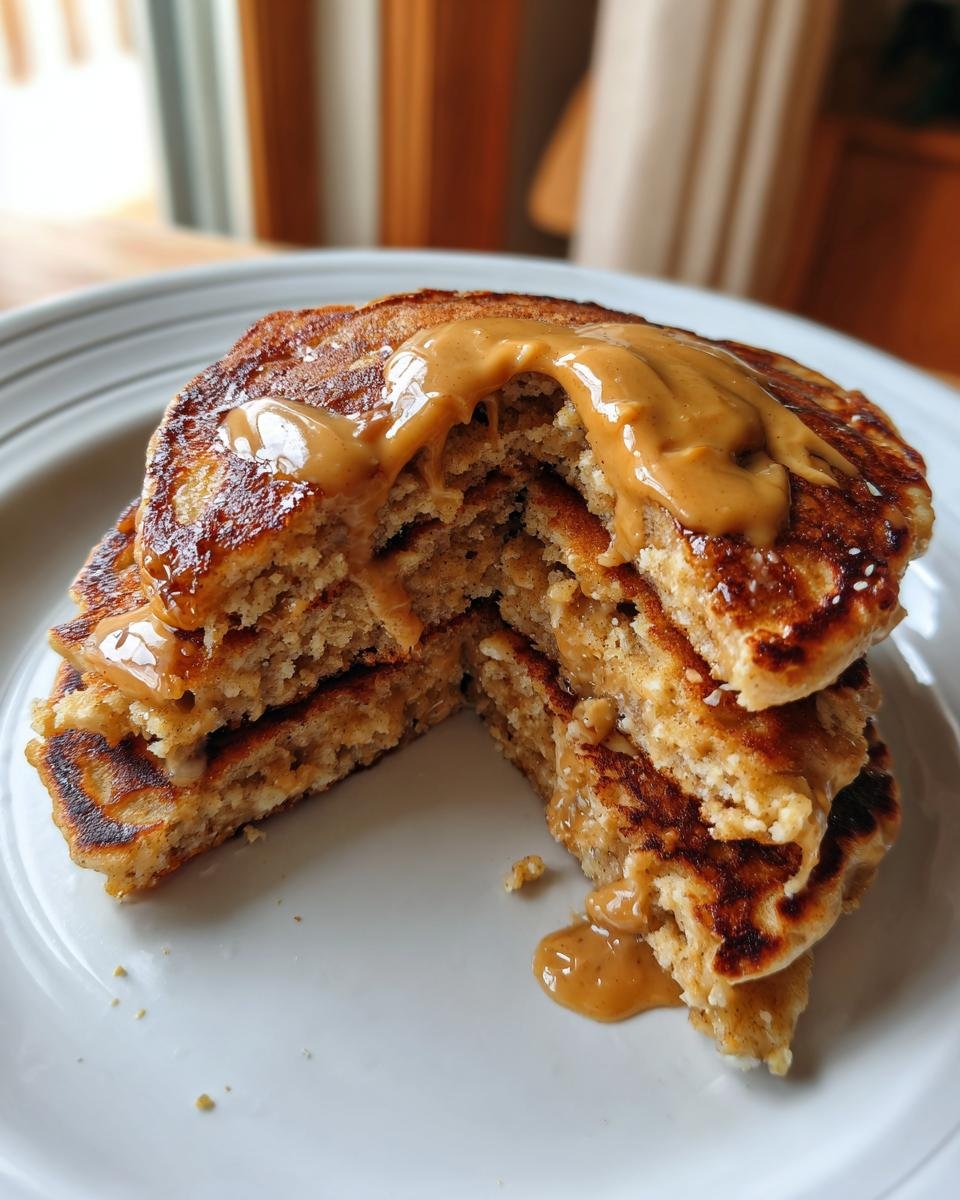 A stack of fluffy Minute Peanut Butter Banana Pancakes cut in half, drizzled generously with melted peanut butter.