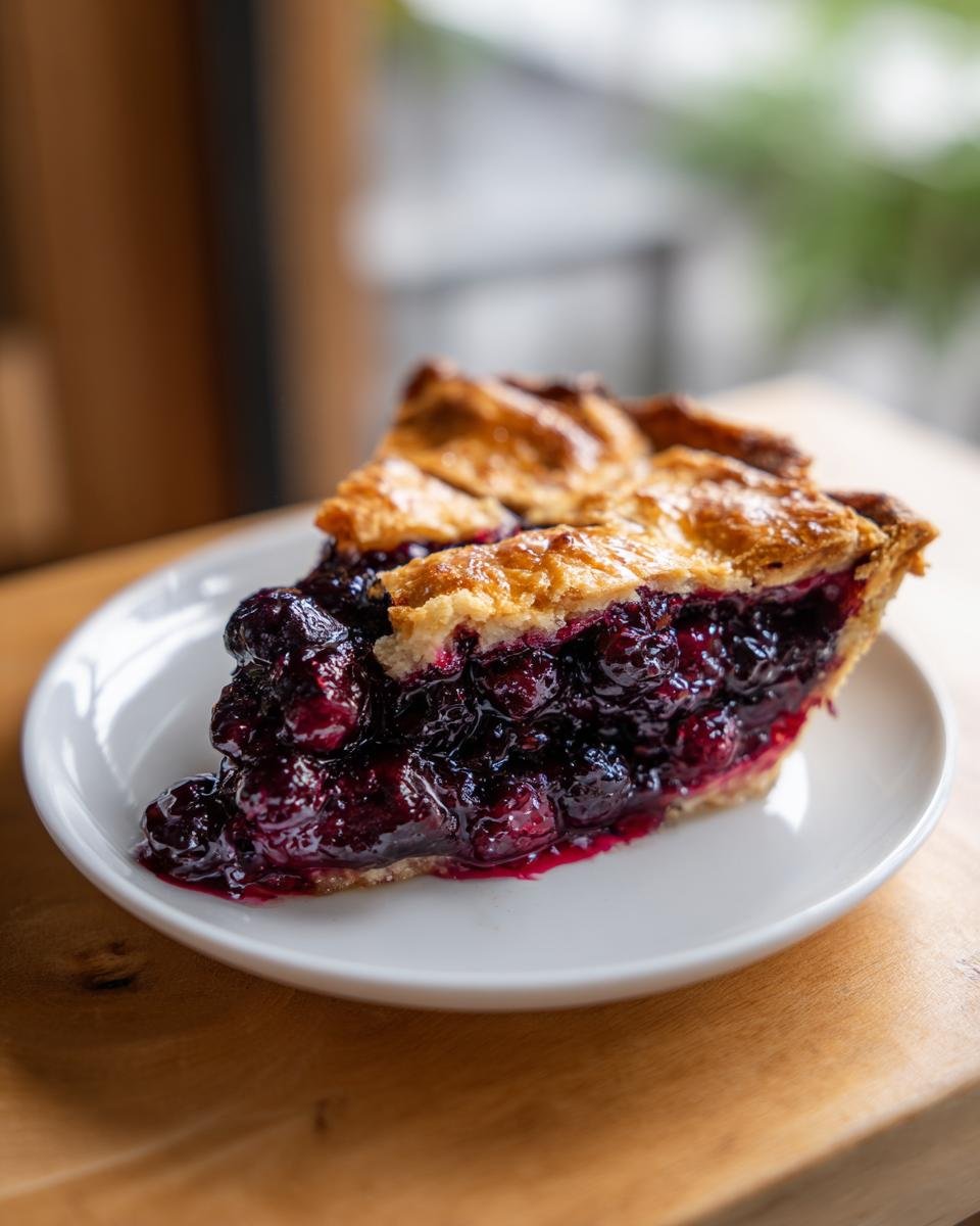 A generous slice of rich Mixed Berry Pie featuring a thick, juicy berry filling and flaky golden crust on a white plate.