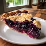 A close-up of a thick slice of Mixed Berry Pie showing juicy, dark purple filling and a golden, flaky crust.