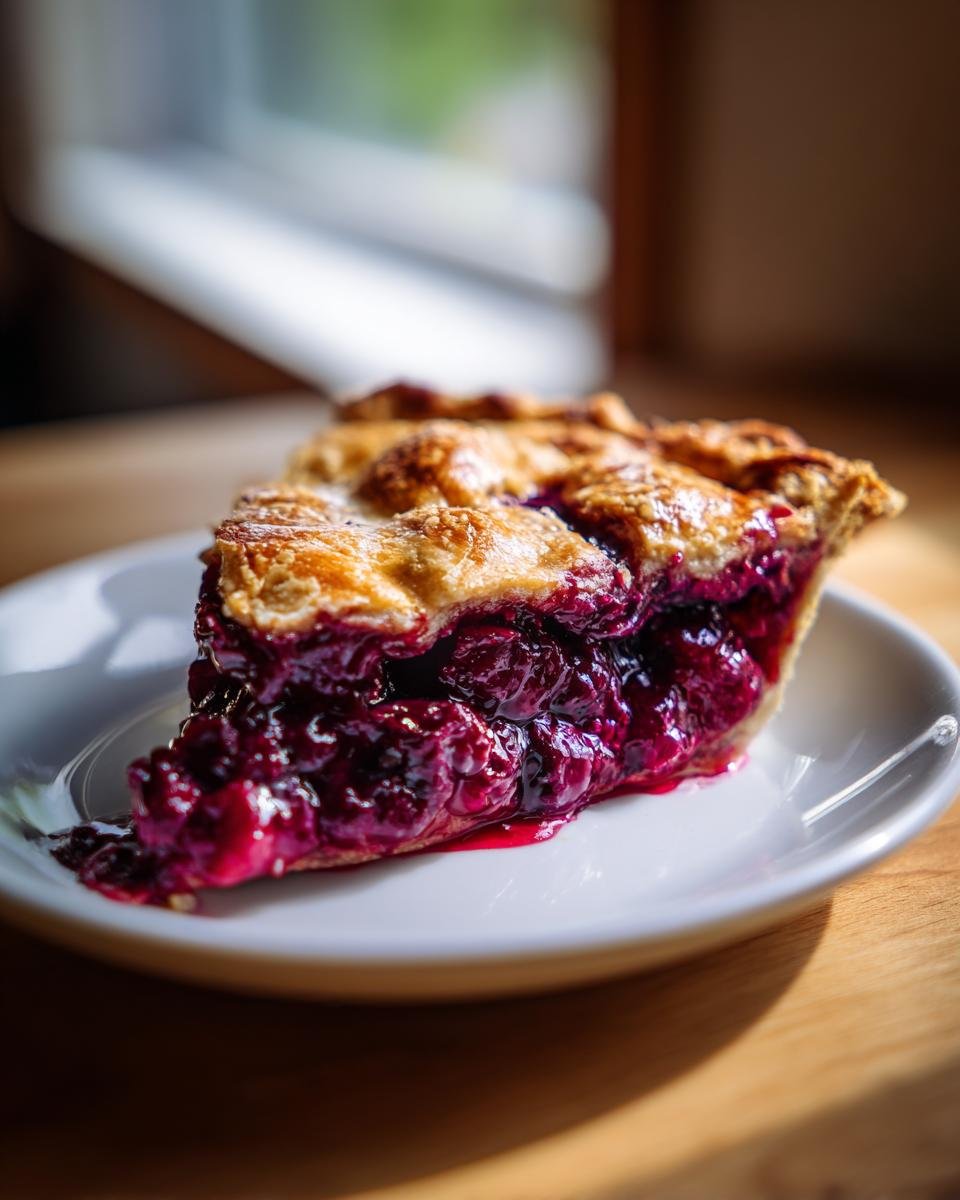 A thick slice of Amazing Mixed Berry Pie showing juicy, deep purple filling and a flaky golden crust, served on a white plate.