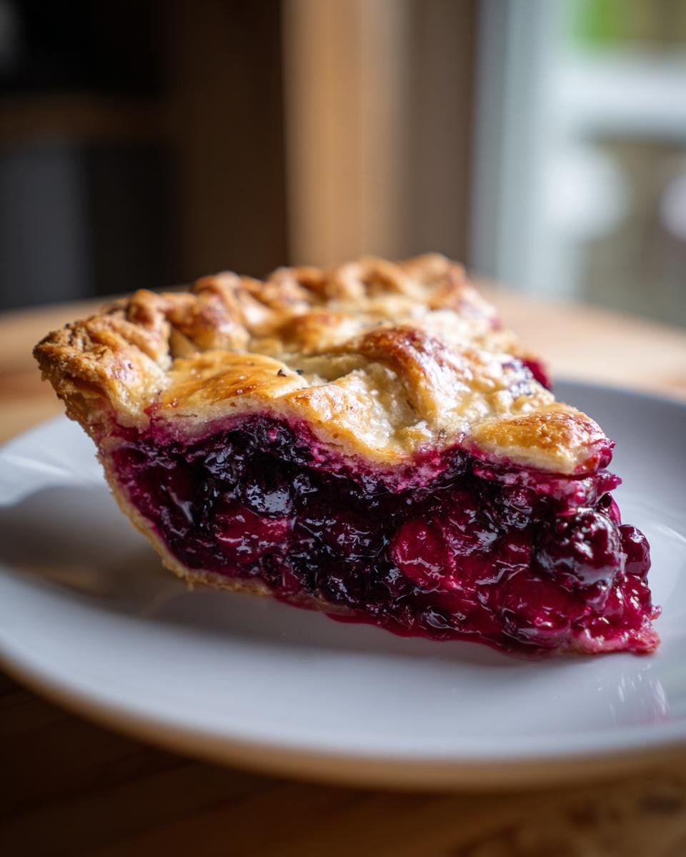 Close-up of a thick slice of Mixed Berry Pie showing juicy, deep purple filling and a golden lattice crust.