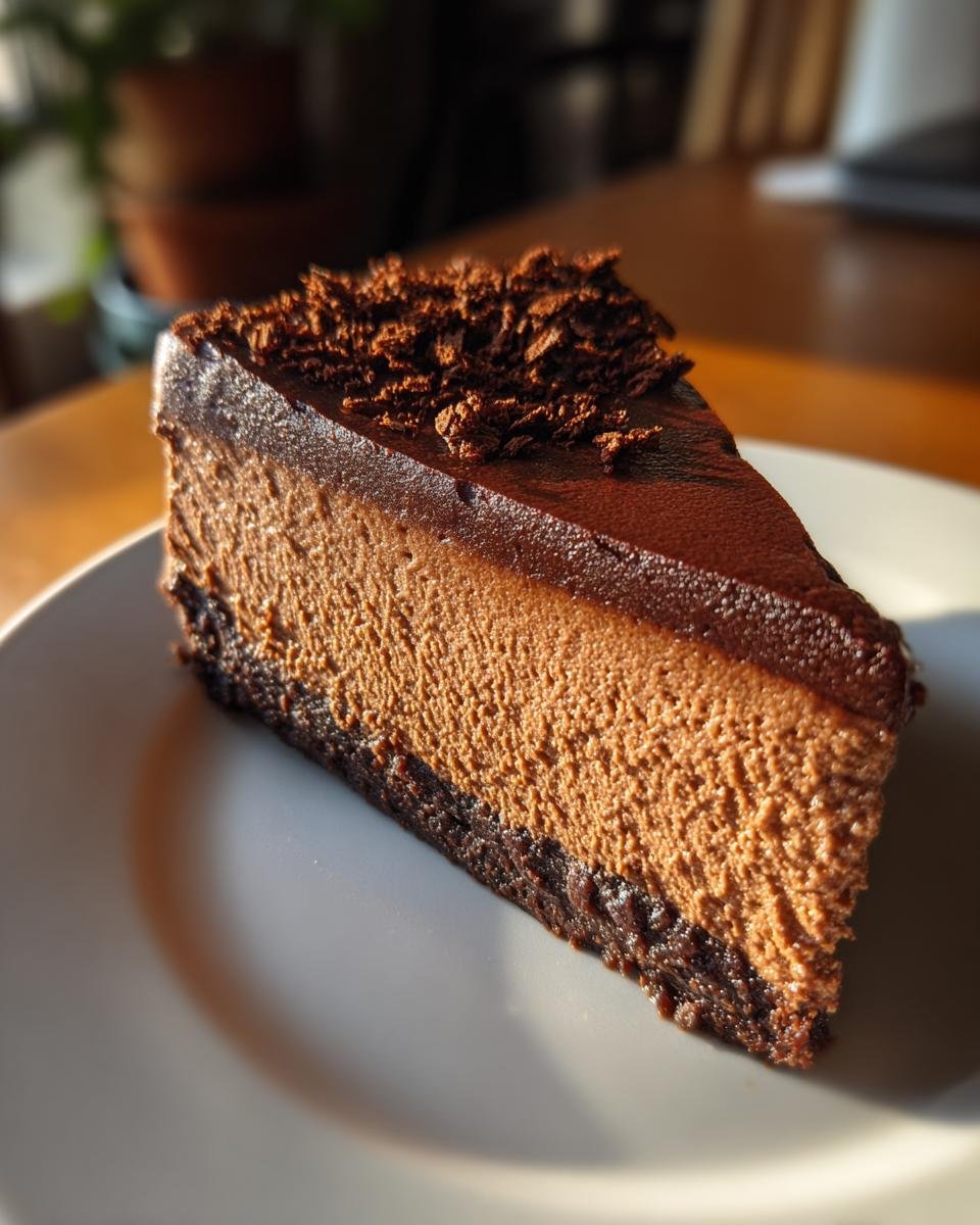 A rich slice of Mocha Cheesecake with a chocolate crust and chocolate shavings on top.