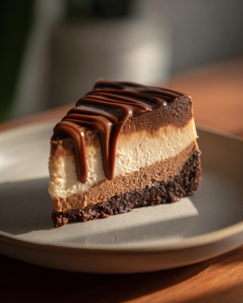 A slice of decadent mocha cheesecake with layers of chocolate and cream, topped with a rich chocolate drizzle.