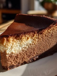 A perfect slice of decadent mocha cheesecake with a rich chocolate top and creamy filling, served on a plate.